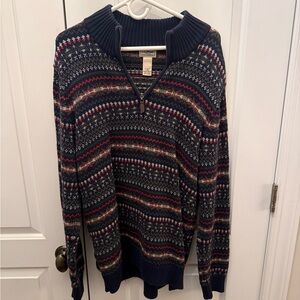 L.L. Bean Men's Navy and Red Patterned Zip-Up Sweater